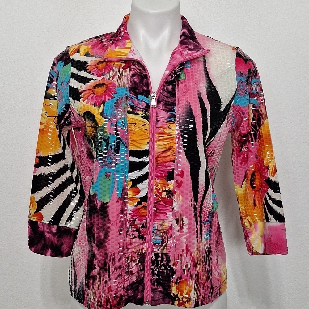Vibrant Animal Floral Multicolor Square Sequin Print Ruched Zip-Up Jacket Size S